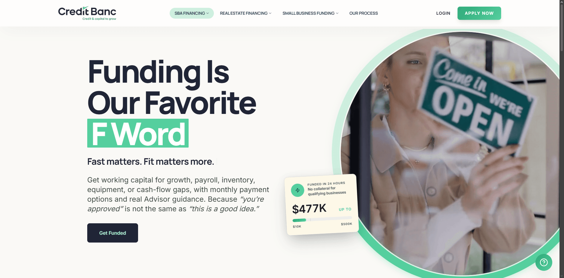 Credit Banc marketing landing page with the headline "Funding Is Our Favorite F Word"