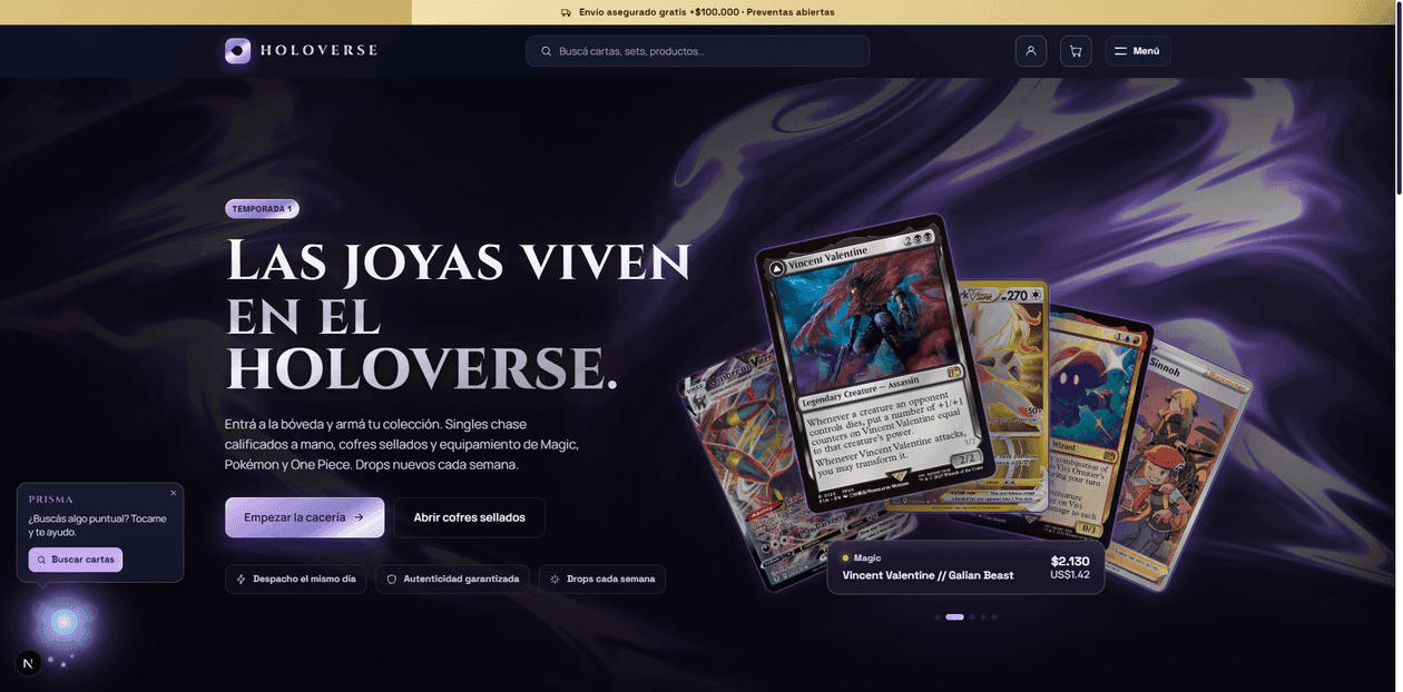 Holoverse TCG storefront homepage showing featured trading cards and a "Las joyas viven en el Holoverse" hero